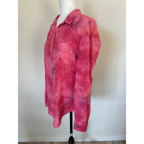 PILCRO Pink Watercolor Tie Dye Floral Embroidered Button Down Shirt Size Small - Picture 6 of 9